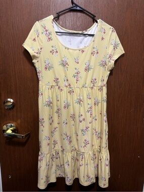 Planet Gold Yellow Floral Short Sleeve Ruffle Hem Dress